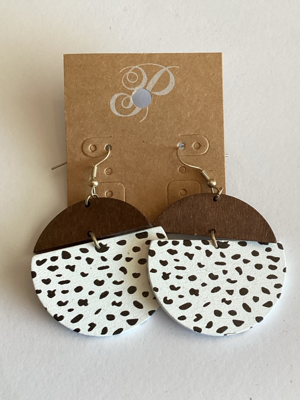 Plunder Brown and White Speckled Half-Moon Wooden Drop Earrings